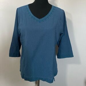 Teal Embroidered 3/4 Sleeve Gauze Cotton V-Neck Blouse NWOT